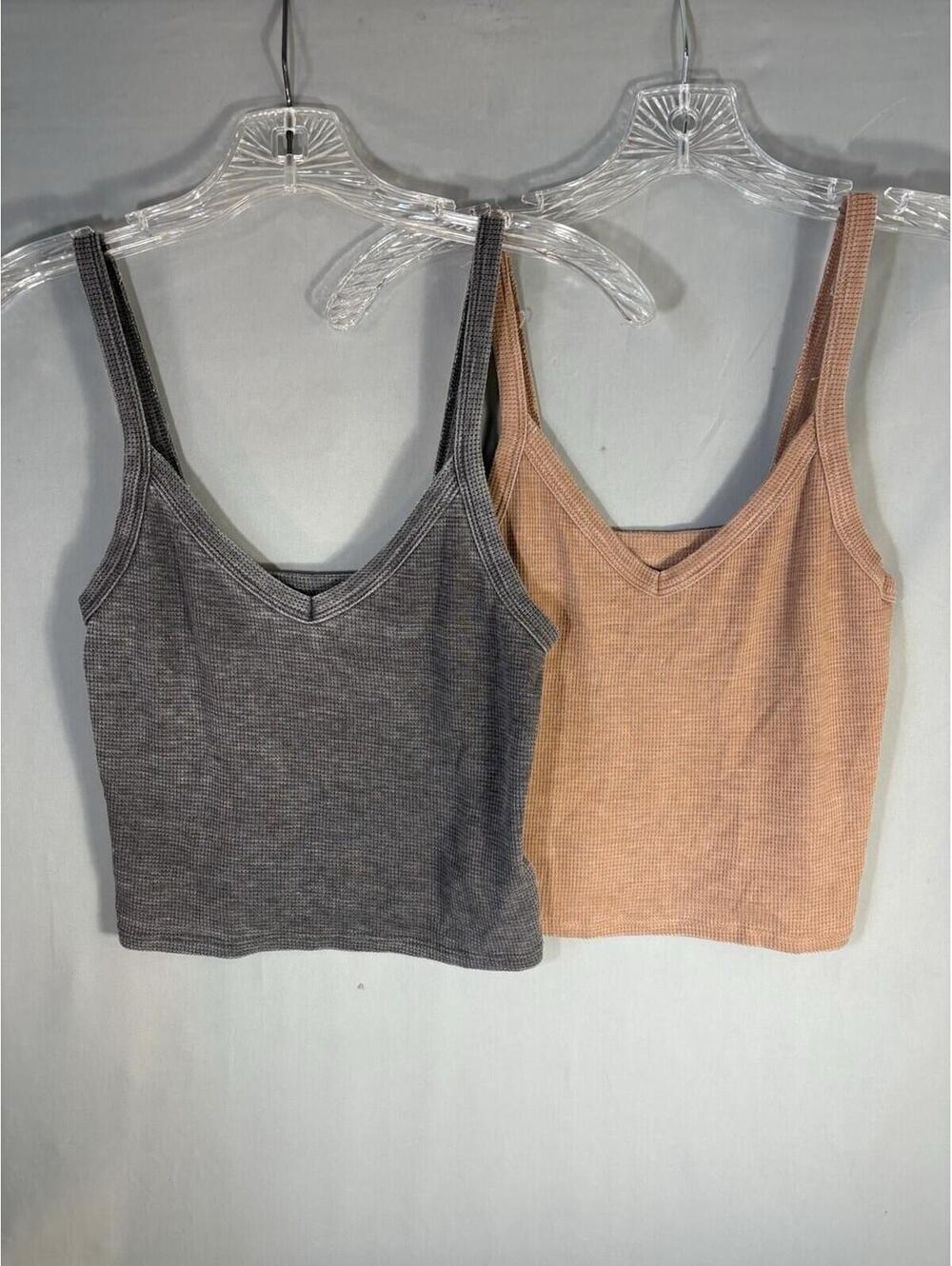 American Eagle Waffle Knit Crop Tank Top Lot 2 XS Gray Rust Brown V Neck Cami